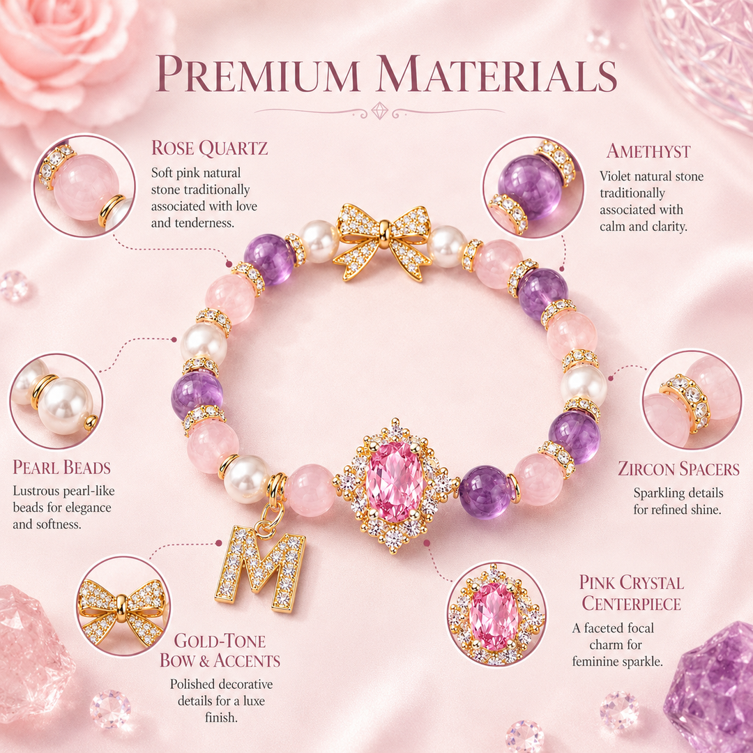 Rose Quartz Amethyst Pearl Initial Bracelet – Romantic Love & Intuition Energy