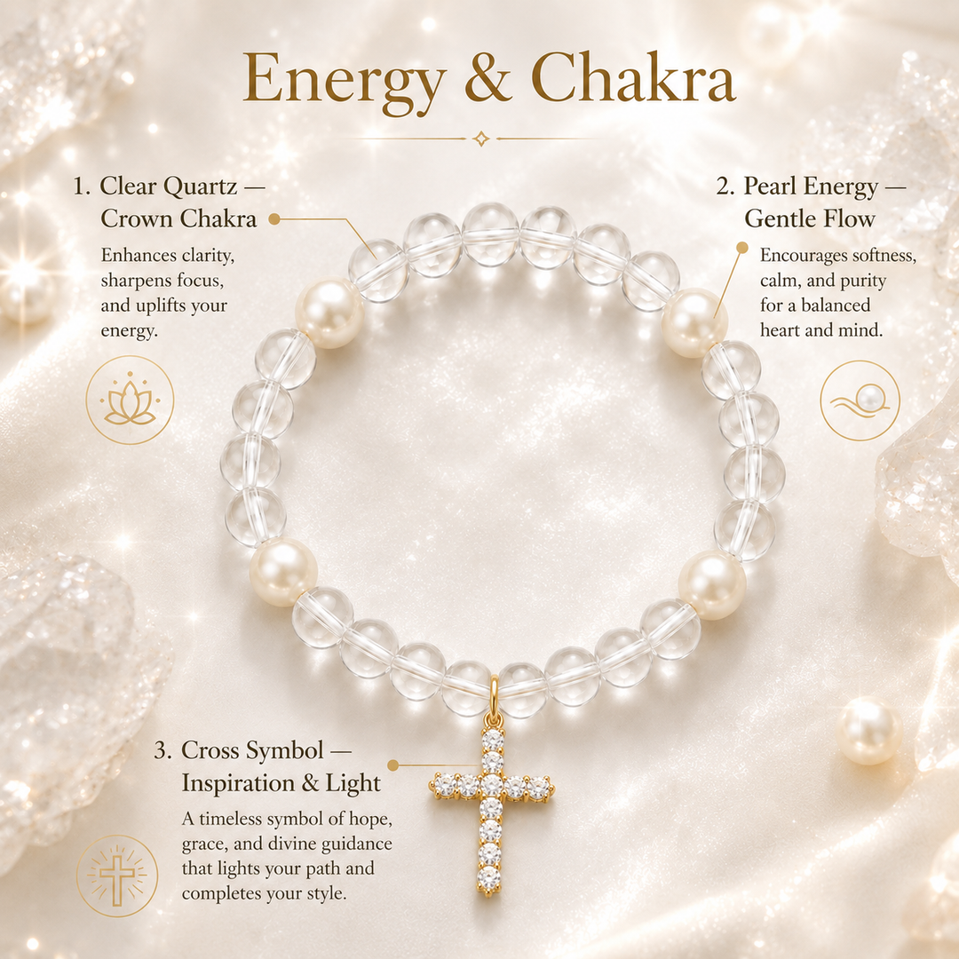 Clear Quartz Pearl Cross Bracelet – Clarity & Faith Energy