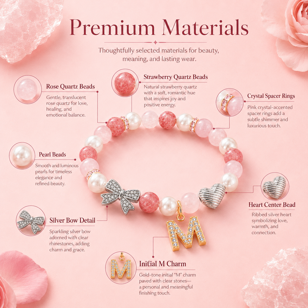 Rose Quartz Strawberry Crystal Pearl Initial Bracelet – Love & Sweet Charm Energy