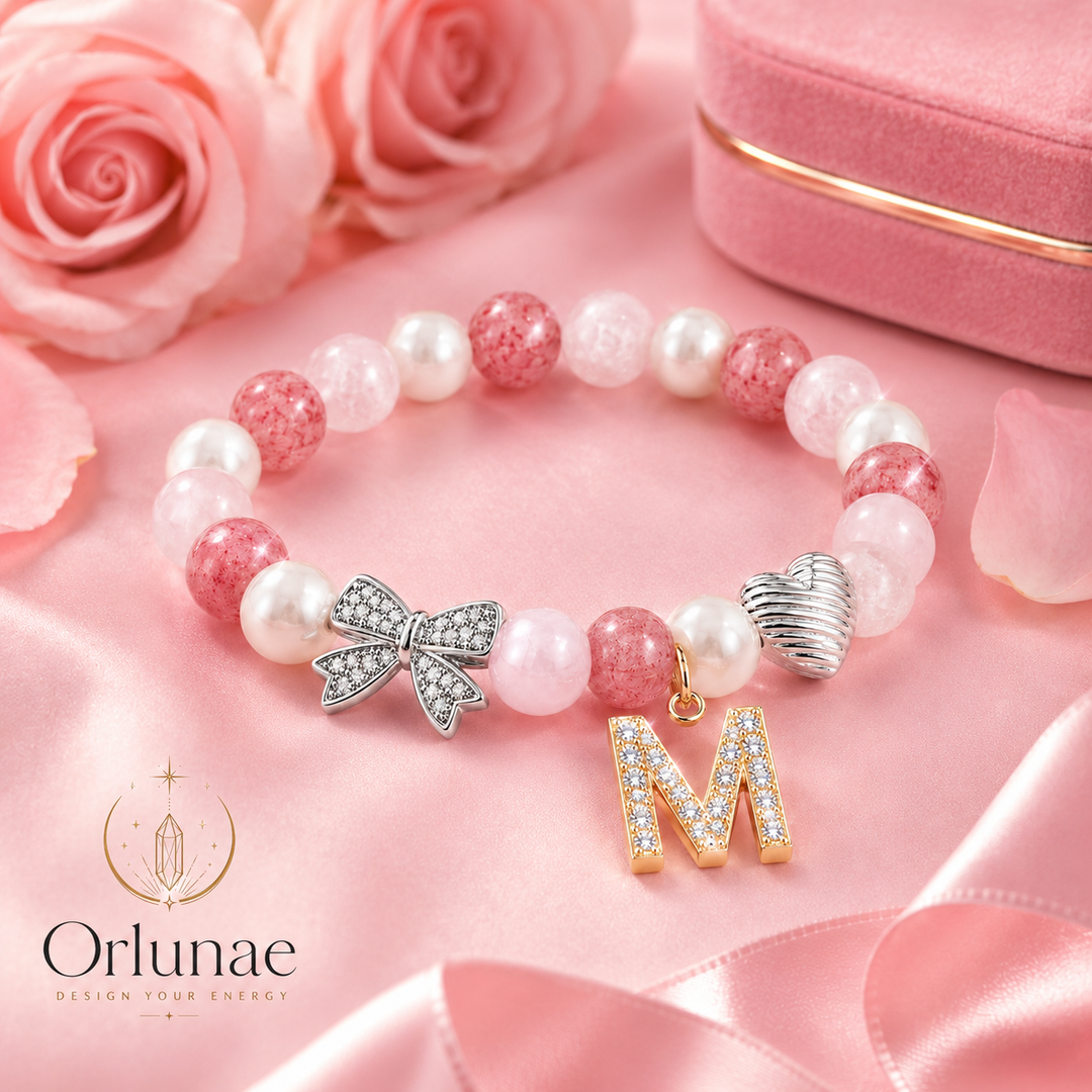 Pink Rose Quartz Strawberry Crystal Initial Bracelet – Love & Sweet Energy
