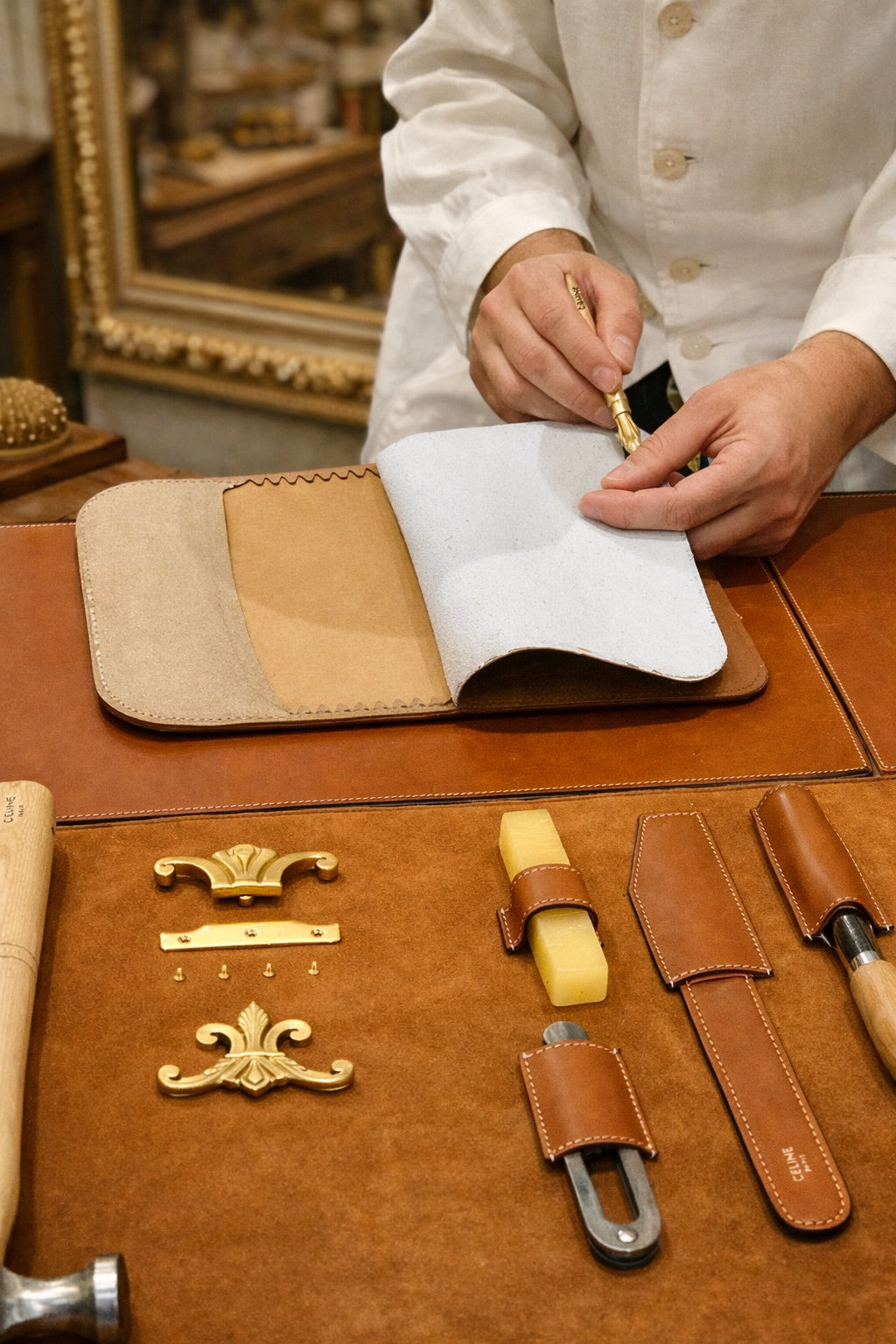 Leather samples and hand tools in the workshop