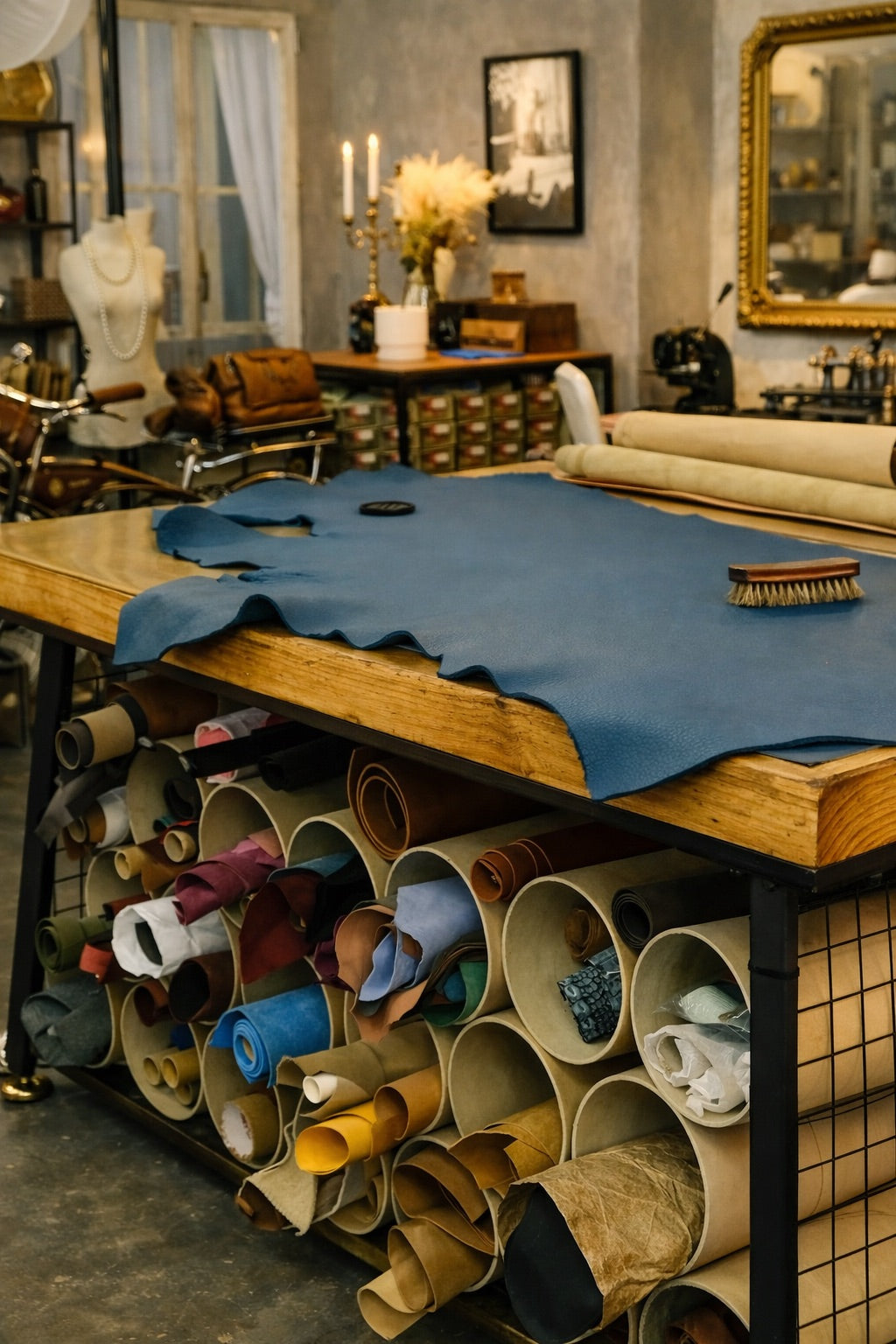 Leather hides arranged on the worktable